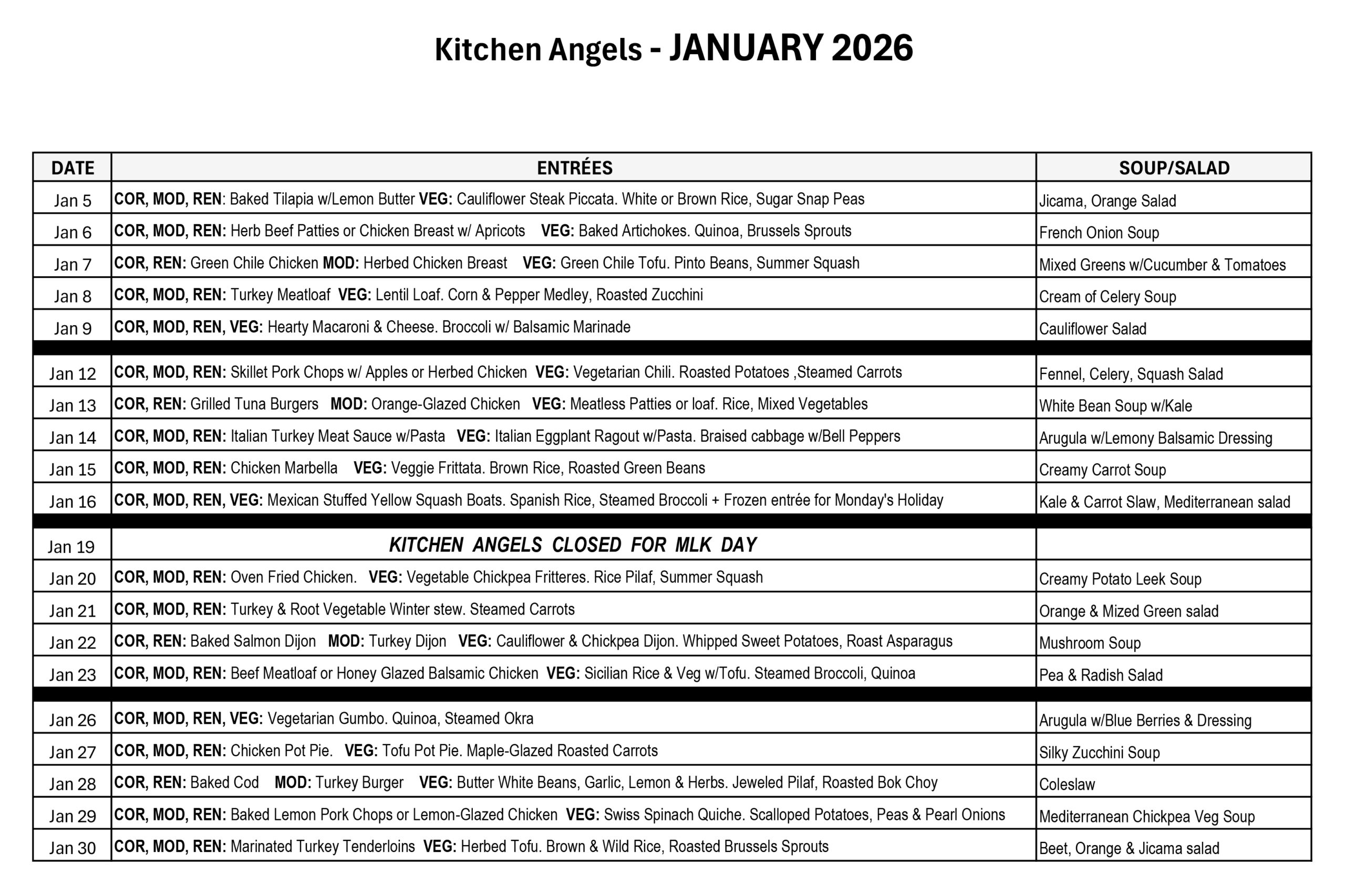 January 2026 Client Menu